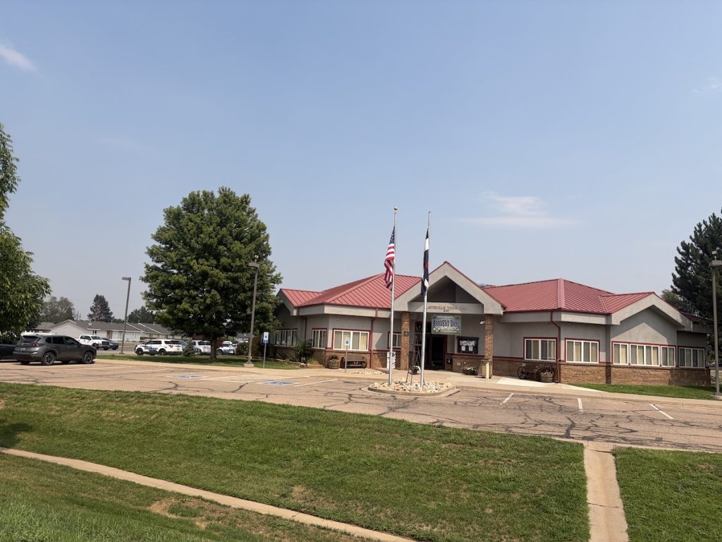 Front of Platteville Town Hall, home of Platteville Municipal Court in Weld County, Colorado.